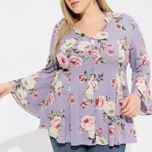 torrid Lavender Floral Button-Front Bell Sleeve Blouse romantic